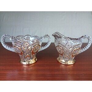 Imperial Glass Cream & Sugar Set Hobstar Pinwheel Gold Gild EUC